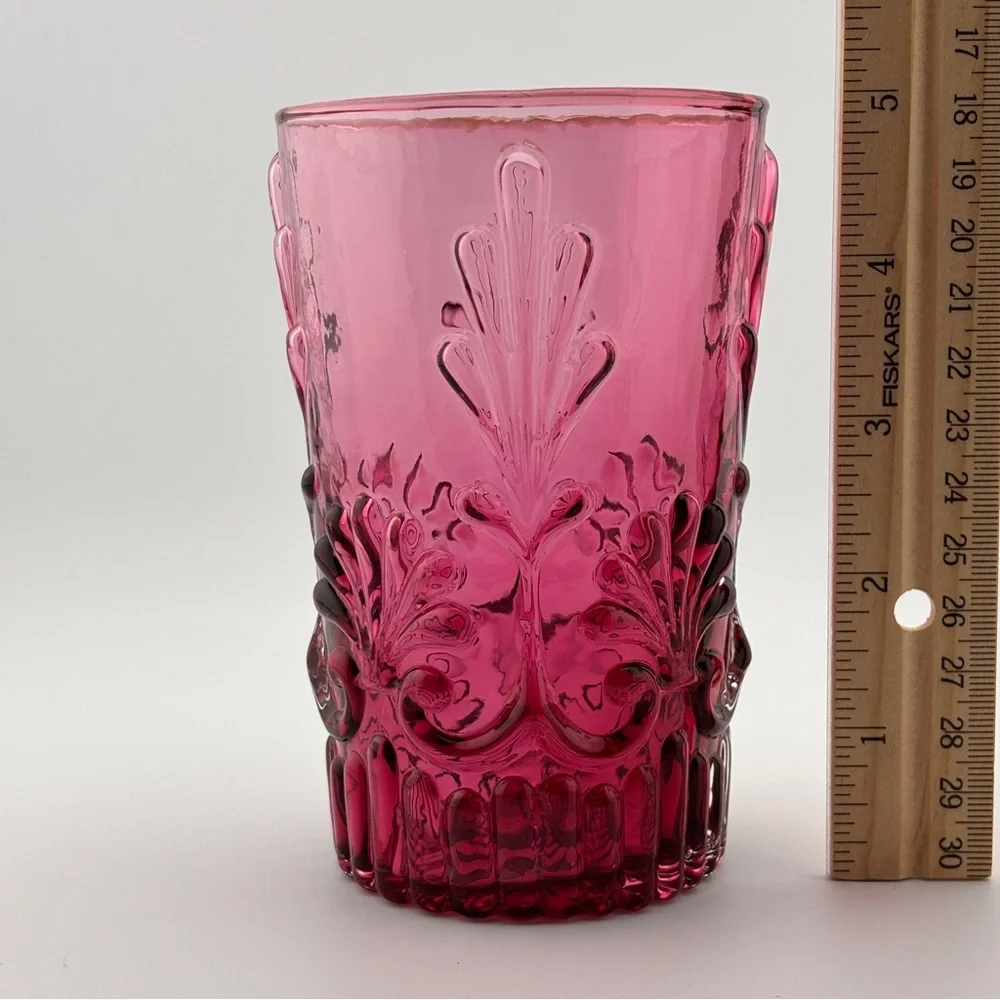 Set Of 4 Adams Cranberry By Pilgrim Glass 12 Ounce Flat Tumblers-(Set #2)